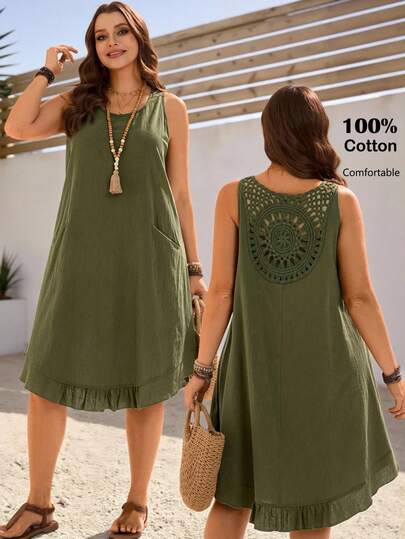 EMERY ROSE Plus Size Women's Summer Casual Vacation Country Solid Color Army Green Sleeveless Ruffle Hem Back Lace Patchwork Dress With Pockets,Casual Holiday Style,Summer Outfits For Women ,Vacation Outfits Women ,Holiday Outfits For Women,Going Out Outfits, New Clothes,Simple And Fashionable For Everyday Wear,Suitable For Summer, Vacation, Daily Wear, Festival Outfits For Women,Country Concert Outfit,Beach Outfits For Women,Western Style,Flowy Dress,Gifts For Mother,Boho Dress, Women Dress