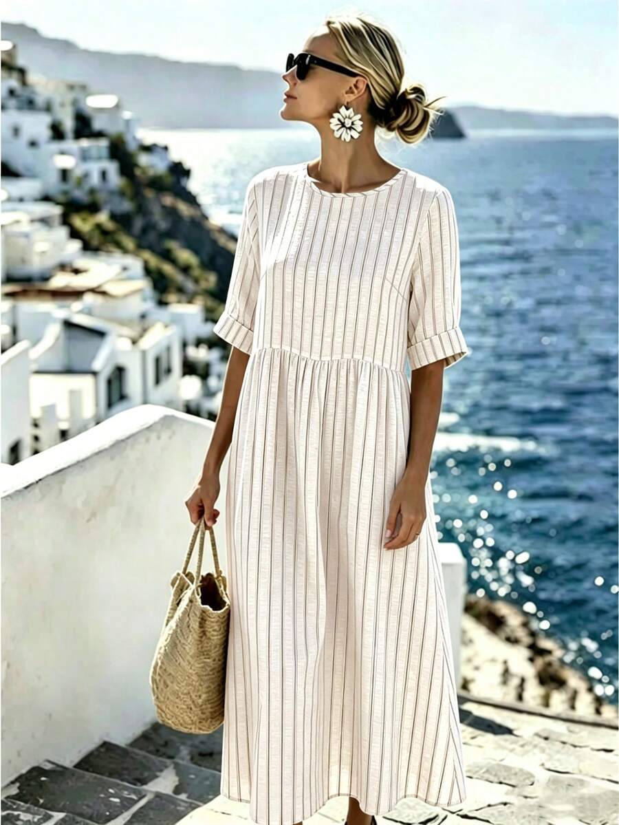 Linhara CURVE Áo kiểu Pháp cao cấp, chấm bi, thanh lịch, không tay, chất liệu chiffon, dành cho nữ cỡ lớn, thích hợp cho mùa hè. - Màu be - Xem 1