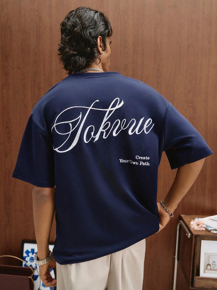 TOKVUE 男士休闲标语刺绣圆领短袖T恤,夏季 - 藏蓝色 - 查看 1