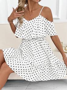 SHEIN Clasi 女士优雅棕色波点印花露肩荷叶边V领A字短裙 - 白色 - 查看 7