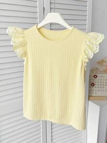 SHEIN 少女夏季休闲镂空刺绣拼接短袖衬衫 - 黃色 - 查看 7