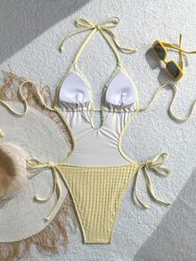 ROMWE Kawaii Bộ đồ bơi nữ size 26SS Xuân/Hè mới, màu vàng bơ, chất liệu vải dệt họa tiết, cổ chữ V sâu, viền hoa màu xanh da trời, lưng khoét hở, buộc dây, thích hợp cho kỳ nghỉ biển. - Màu vàng - Xem 4