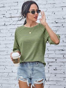 EMERY ROSE Raglan Sleeve Olive Green Print Tee Graphic Tees Women Tops Night Autumn Casual - Green - View 8