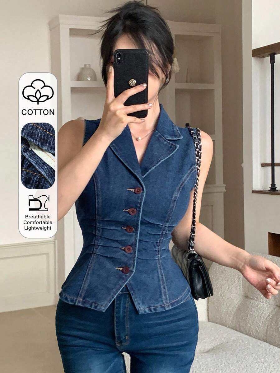 DAZY Áo khoác cardigan kiểu vest nữ mùa xuân/hè, áo sơ mi không tay có cổ, thích hợp cho lễ hội âm nhạc, ngày Valentine, đám cưới, kỳ nghỉ biển thường ngày, áo denim ngắn. - Rửa tối - Xem 1