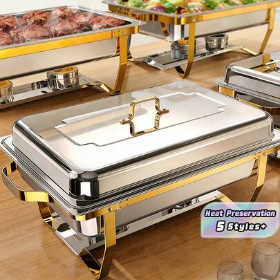 1-2-4 Piece 8 Quart Full-Size Hot Pot Buffet Set, Stainless Steel Food Serving Kit With Lid, Food Tray, Water Tray And Fuel Rack, Suitable For Restaurant Catering Parties Weddings