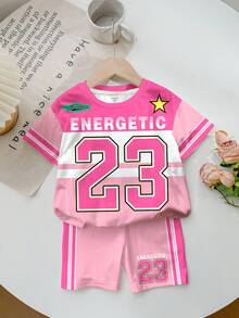 SHEIN Happikins 女童休闲运动条纹拼接图案，23号图案，星星印花短袖T恤和骑行短裤两件套，适合夏季户外活动、啦啦队、运动、社交活动。女童运动夏季套装，粉色两件套，女童两件套短裤套装，粉色短裤套装，女童夏季两件套服装，女童运动服，女童运动套装，女童粉色运动套装，女童服装。 - 彩色 - 查看 3