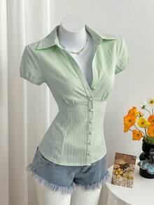 Mori Grove Mori Grove Women's V-Neck Vintage Mushroom Button Textured Jacquard Casual Vacation Cinched Waist Blouse - Green - View 3