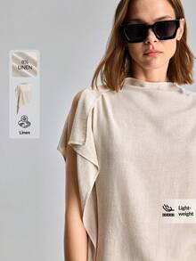 Ontre Áo nữ dáng rộng, màu trơn, thiết kế bất đối xứng, kiểu dáng thường ngày - Màu be - Xem 6