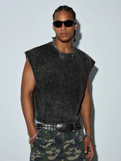 Modcrash Hemo Men's Summer Street Fashion Cube Box Tank Top, Slightly Stretchy Washed Black Casual Everyday Wear Box Tank Top