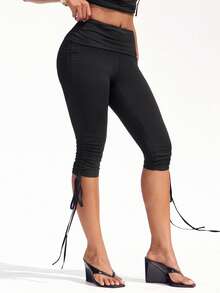 Denimoi Quần lửng cạp gập thời trang, quần legging lửng, quần legging capri cho buổi hẹn hò đêm, cô gái sành điệu. - màu đen - Xem 1