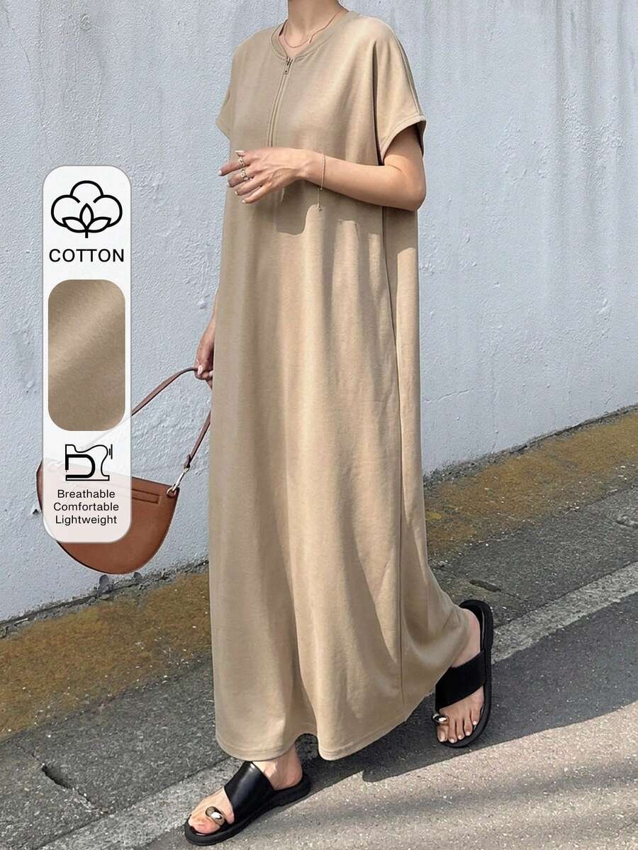 FRIFUL 女士金属拉链休闲纯色宽松夏季短袖连衣裙,适合度假和毕业典礼穿着。 - 卡其色 - 查看 1