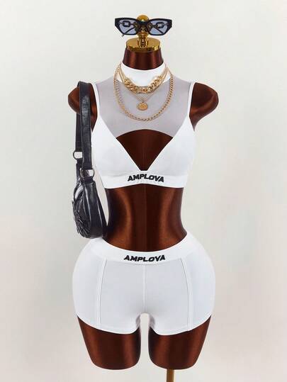 Amplova Women's Letter Print Mesh Patchwork Top And Shorts Casual Daily Outfit