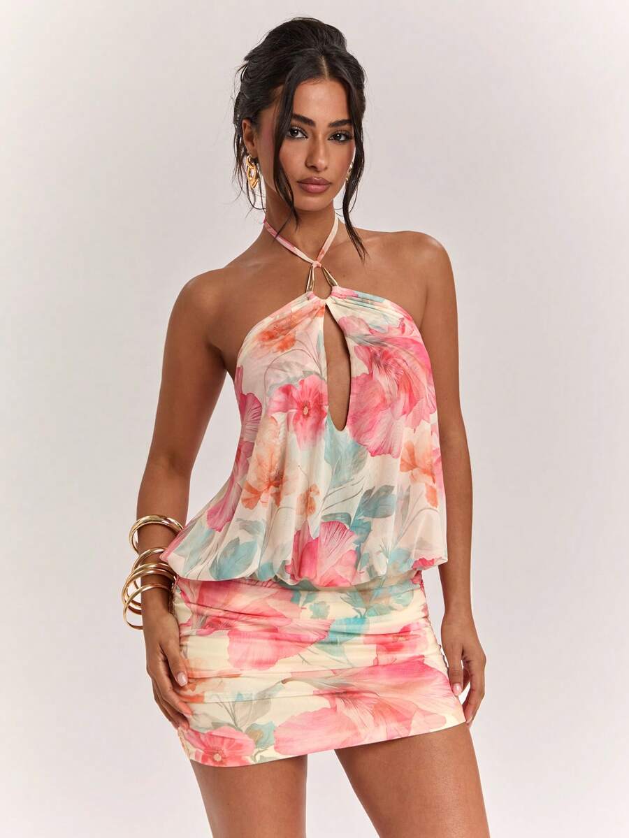 SHEIN BAE Damen Lässig Urlaubs Neckholder Metall Dekor Rosa Blumen Muster rückenfrei Bodycon Kleid, geeignet für Strandurlaub, Strandparty, Schwesterntreff, Y2K, Musikfestival, Strandkleid, Rosa Blumenkleid - Pink - Übersicht 1