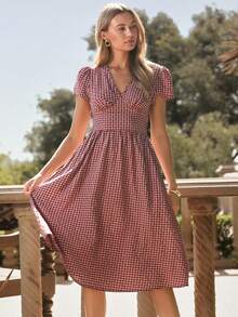 Vestido midi de mujer elegante de unicolor con bolsillo oblicuo, cintura ceñida y cuello en V acampanado - Rojo y blanco - Ver 4