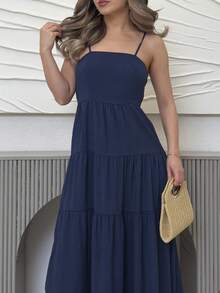 Jemour Gaun Longgar Tanpa Lengan dengan Pinggang Elastis dan Tekstur Kain Warna Peach Muda, Gaya Liburan yang Elegan - Navy Blue - View 4