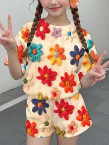 两件套少女休闲碎花短袖T恤短裤套装，适合夏季穿着 - 彩色 - 查看 2