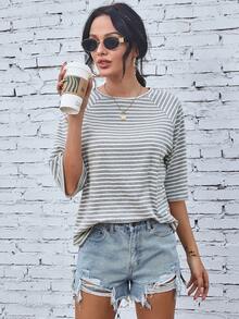 EMERY ROSE Raglan Sleeve Striped Print Tee Graphic Tees Women Tops - Grey - View 6