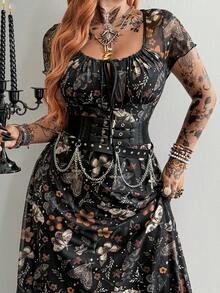 Whyspr Elegant Sexy Sheer Mesh Ruched Drawstring Waist A-Line Punk Grunge Goth Style Long Dress, Black, Plus Size - Black - View 7