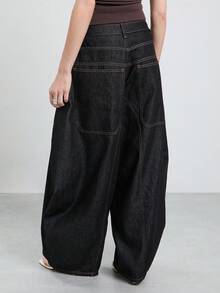 COUREZ Baggy Balloon Jeans With Contrasting Stitching Y2K Streetwear Summer Bottoms Jeans For Women Rave Everyday Going Out - Black - View 3