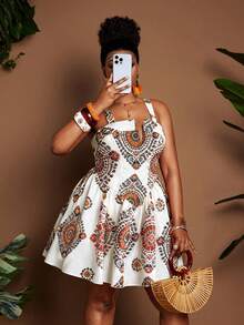 Maweii Plus Size Women's Underwire Small V-Neck Detailed Cinched Waist Wide Shoulder Strap Floral Print Holiday Outfit Dress - Multicolor - View 4