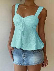 MainGRL Áo tank top nữ kiểu dáng thường ngày, xếp ly, buộc dây, khoét lưng. - Màu xanh ngọc - Xem 4