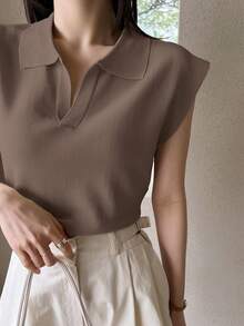 Dazy-Less Women's Casual Business Style Solid Color Loose Fit Knit Sweater With Collar Old Money - Coffee Brown - View 2