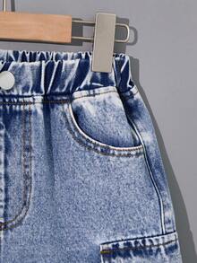 Tween Boy's Hooded Denim Vest And Shorts Set, Washed Style - Medium Wash - View 5