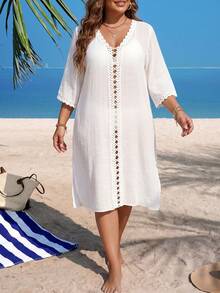 Swim Lushoire Plus Size Crochet Patchwork Deep V-Neck Loose Beach Cover Up Dress, White - White - View 6