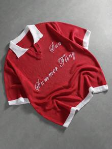 ROMWE MEN Prep Áo Polo nam dệt kim thêu - Đỏ - Xem 5