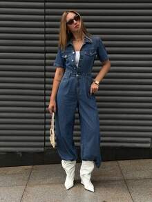 Livesso Bộ áo liền quần denim tay ngắn có túi, cài nút, đa năng, thời trang dành cho nữ. - Rửa tối - Xem 4