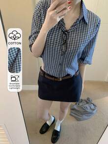 DAZY 女士时尚休闲格子印花纽扣短款衬衫 - 藍色 - 查看 1