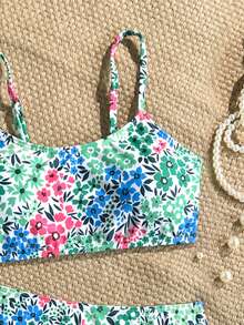 SHEIN Tween Girl Floral Print Spaghetti Strap Bikini Set - Multicolor - View 4
