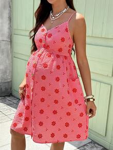 SHEIN Đầm cho bà bầu kiểu dáng thường ngày, kẻ caro, thêu hoa, cài cúc phía trước và dây đeo vai. - Đỏ và trắng - Xem 7