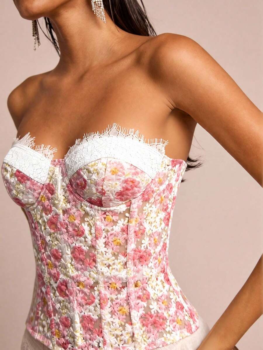Glamine Charm Women's Elegant Floral Embroidery Lace Patchwork Corset Top,Cottagecore Bustier Camisole For Party Picnic Bride,White And Pink,Summer Fashion - Pink - View 1