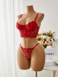 Esselle Bộ đồ lót áo ngực dài màu trắng lãng mạn dành cho nữ 2 món/bộ - Đỏ - Xem 5