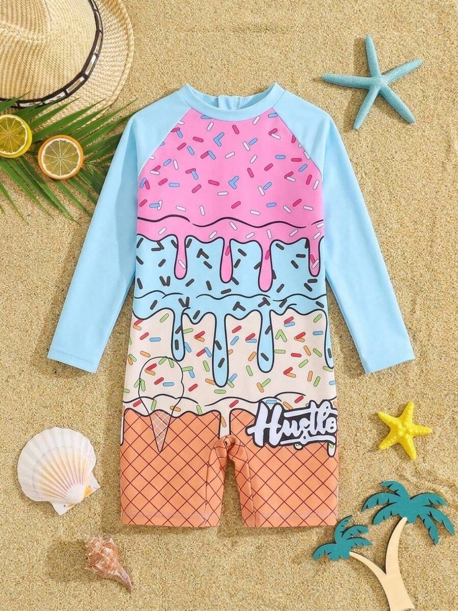 SHEIN 1件装 男童休闲冰淇淋夏季假日印花拼接袖连体针织泳衣 - 彩色 - 查看 1