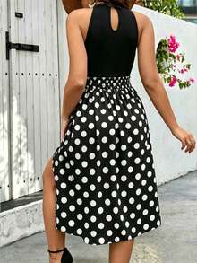 Vionelle 大码法式印花拼接裹身开衩连衣裙长款女装 - 黑色 - 查看 2