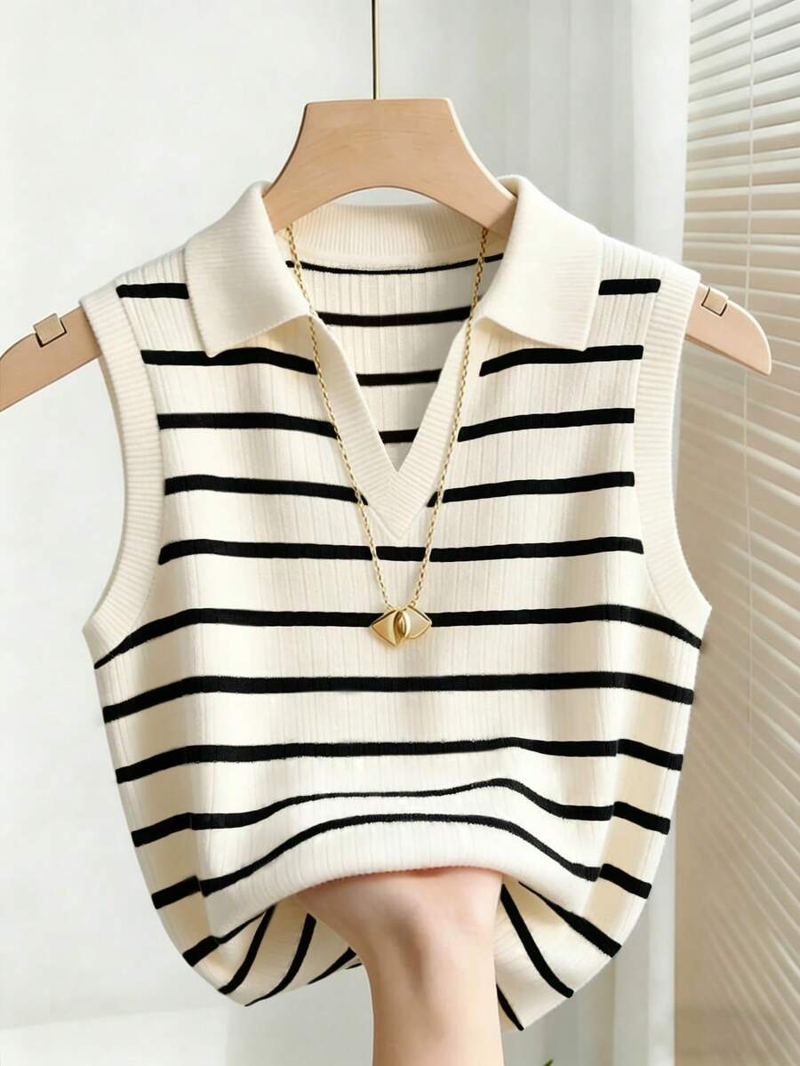 INAWLY Áo tank top dệt kim cổ bẻ kẻ sọc thanh lịch, kiểu dáng thường ngày dành cho nữ - Đen và trắng - Xem 1