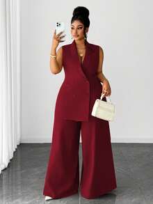 Maweii Setelan Rompi Kancing Ganda Elegan Ukuran Plus & Celana Panjang Lebar, Pakaian Kantor/Perjalanan - Burgundy - View 1