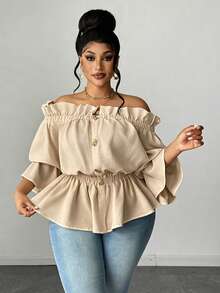 Maweii Plus Size Casual & Commute Solid Color Off Shoulder Ruffle Blouse Fall - Khaki - View 1