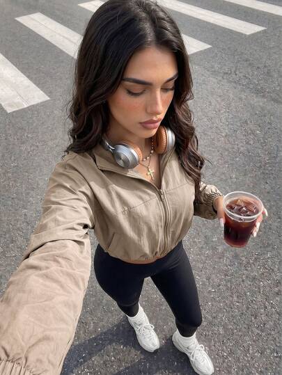 Muchica Woman Loose Fit Athletic Baggy Sports Jacket Workout Cropped Zip Up Fitness Clothes Casual Tops Running Daily Athleisure Office To Court Brunch To Gym Oversized Exercise Suit Biker Lightweight HIIT Training Comfort Movement Cycling Outdoor Exercise Fall Casual  Tops Utilitarian Chic
