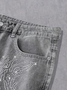 Manfinity Denimwave Casual Washed Grey Slim Straight Jeans With Rhinestones, Street Style, Spring/Summer - Grey - View 5