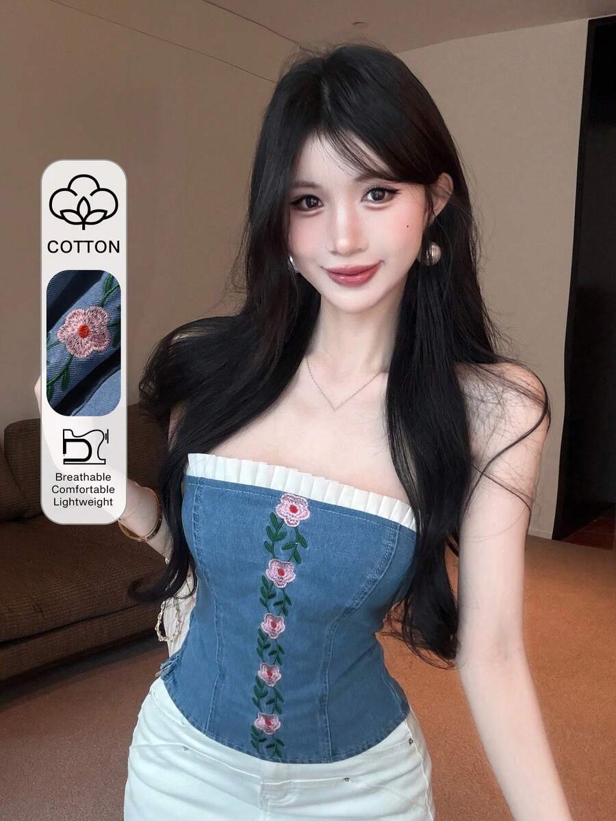 Joudiya 春夏花卉印花刺绣蕾丝拼接露背短款上衣，收腰设计，优雅百搭，适合音乐节、婚礼、派对、正式场合，也可作为时尚休闲牛仔衬衫穿着。 - 藍色 - 查看 1