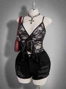 SHEIN ICON 夏季大码性感荷叶边薄纱蕾丝吊带背心 - 黑色 - 查看 6