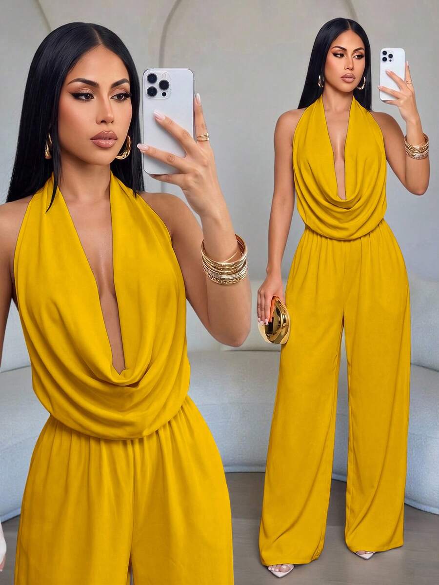 SOLERSUN Women's Elegant Vacation Mustard Yellow Halter Cowl Neck Backless Pockets Wide Leg Jumpsuit, Suitable For Office Bar Party Business Summer