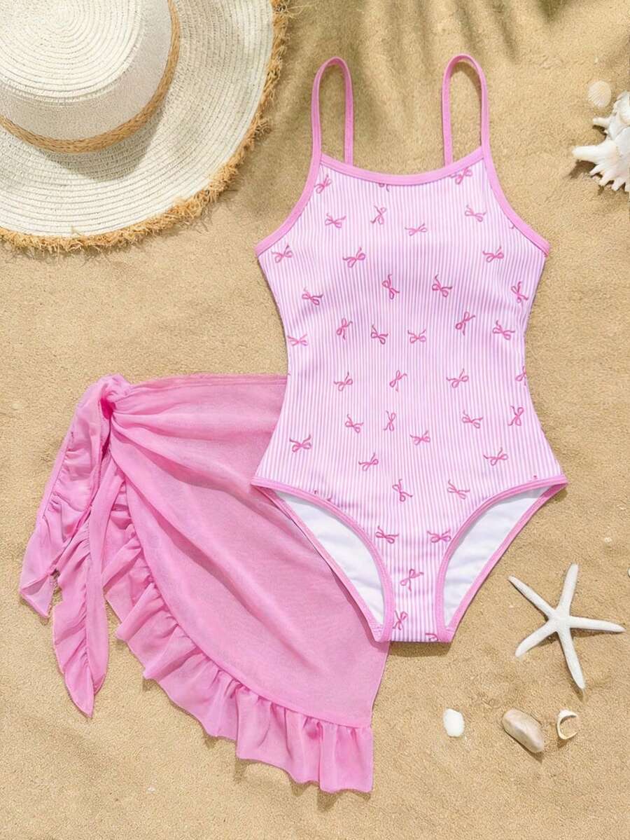 SHEIN 少女条纹蝴蝶结印花吊带连体衣配迷你裙,适合游泳、度假、夏季沙滩装 - 粉色 - 查看 1
