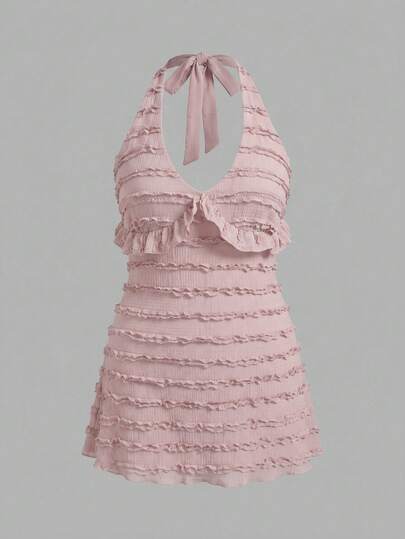 Sweetra Vestido de cobertura con cuello halter, sin espalda y con volantes en talla grande de unicolor