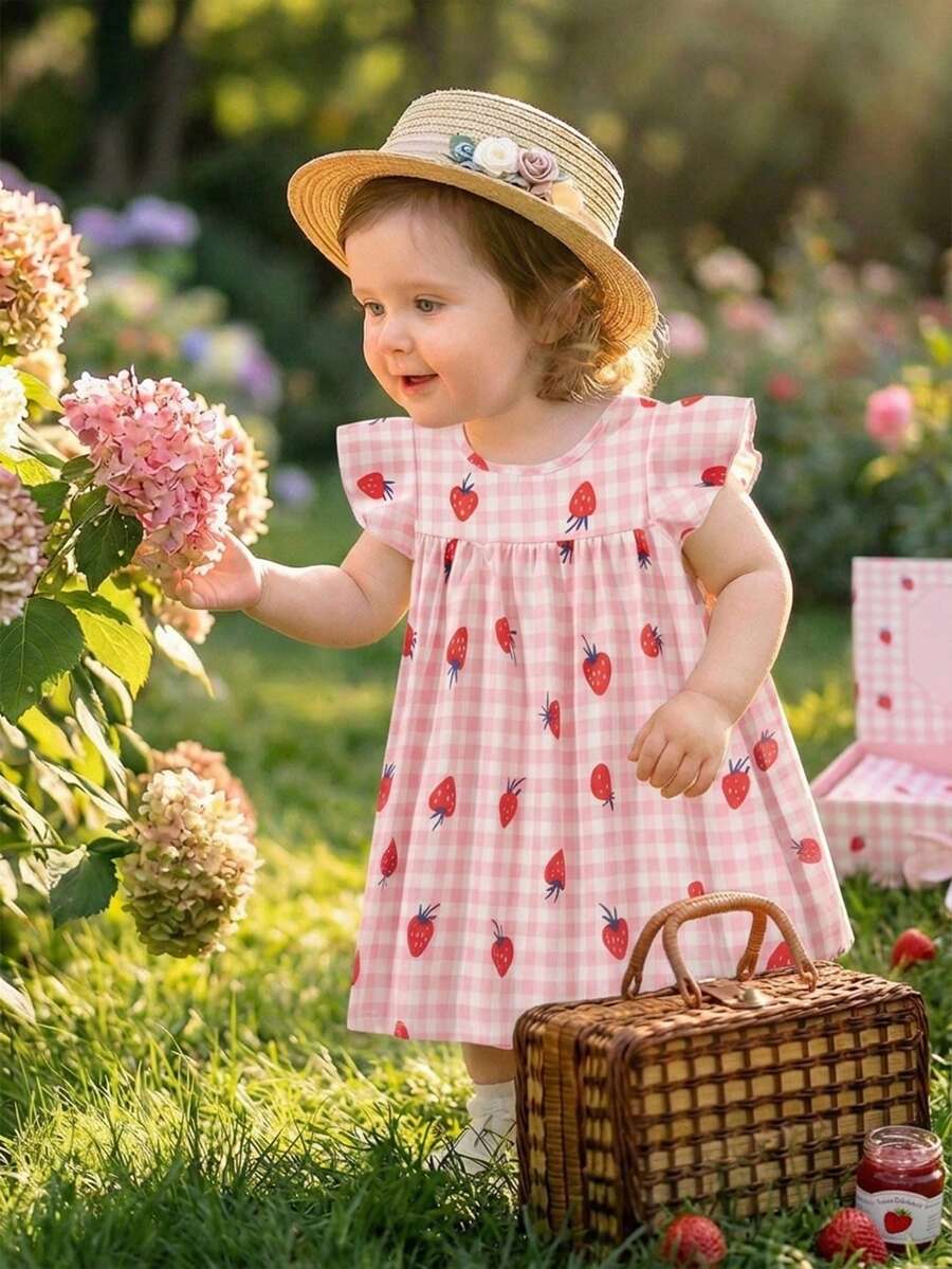 Souflis Souflis Đầm công chúa tay phồng, cổ tròn, họa tiết dâu tây kẻ caro hồng trắng cho bé gái 0-3 tuổi, thích hợp mặc hàng ngày vào mùa hè, kiểu dáng ngọt ngào, thoải mái cho chụp ảnh hoặc dạo phố.