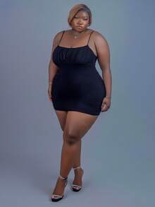 CurvyTilda Plus Size Women's Summer Sexy Black Knitted Mesh Bodycon Mini Dress With Spaghetti Straps Dress, For Hourglass Body Shape - Black - View 4