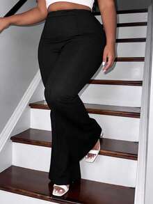 CurvyTilda Pantalones de campana de talle alto de talla grande, sólidos y ajustados al Body - Negro - Ver 4